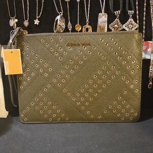 Michael Kors Olive XL "Jet Set Travel" Gold Studded Wristlet NWT